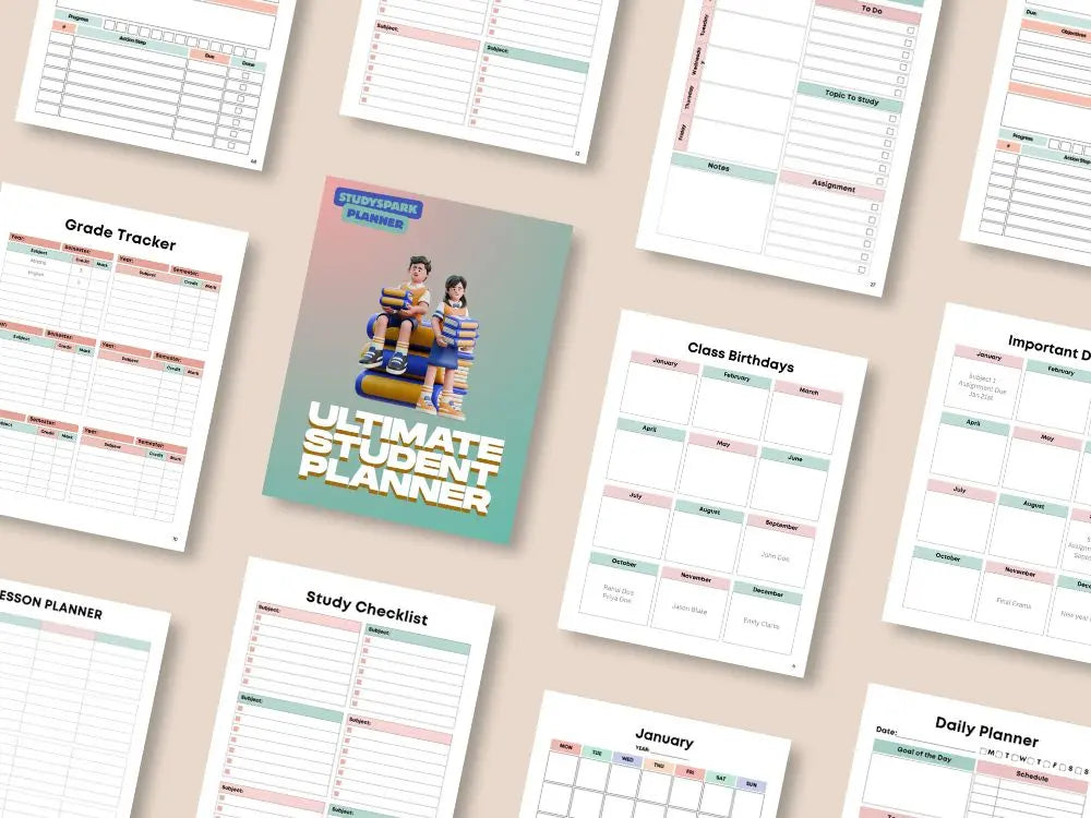 All-in-One Ultimate Student Planner with assignment tracker, study checklist, and class schedule templates displayed on desk.